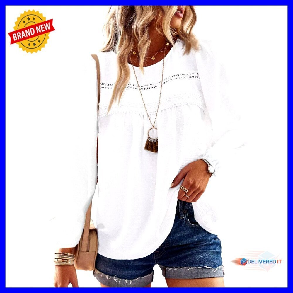 Crewneck Crochet Lace Boho Top, Loose Fit, OEKO-TEX Certified, Women's Size